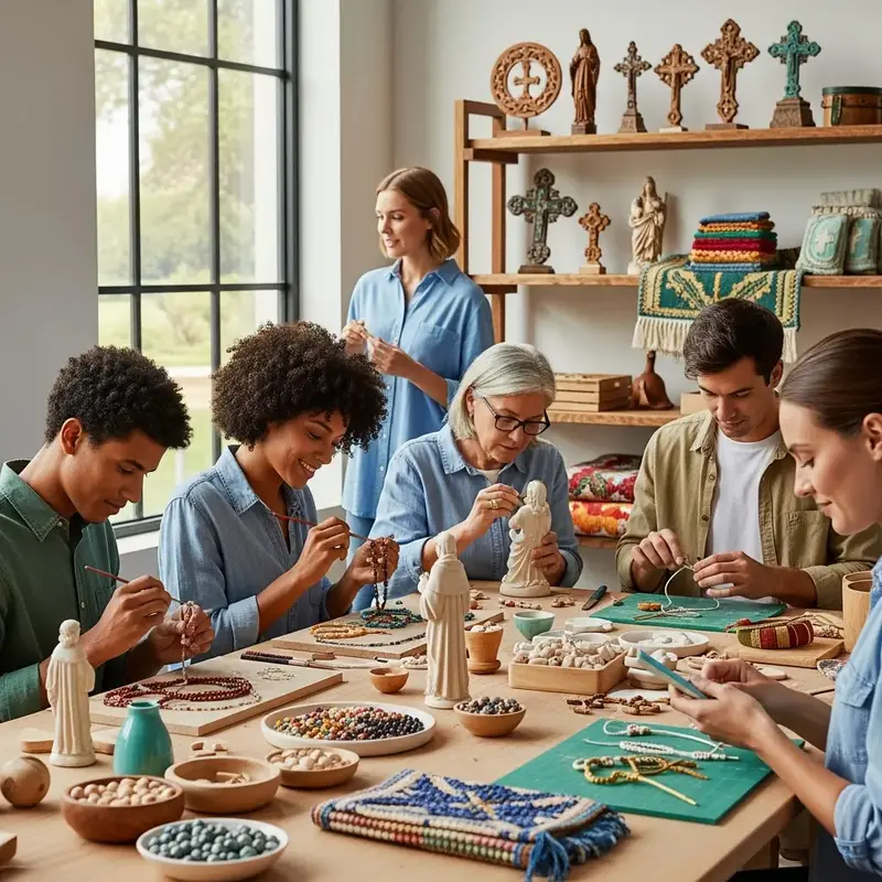 Mãos segurando um terço artesanal, simbolizando fé e devoção.
