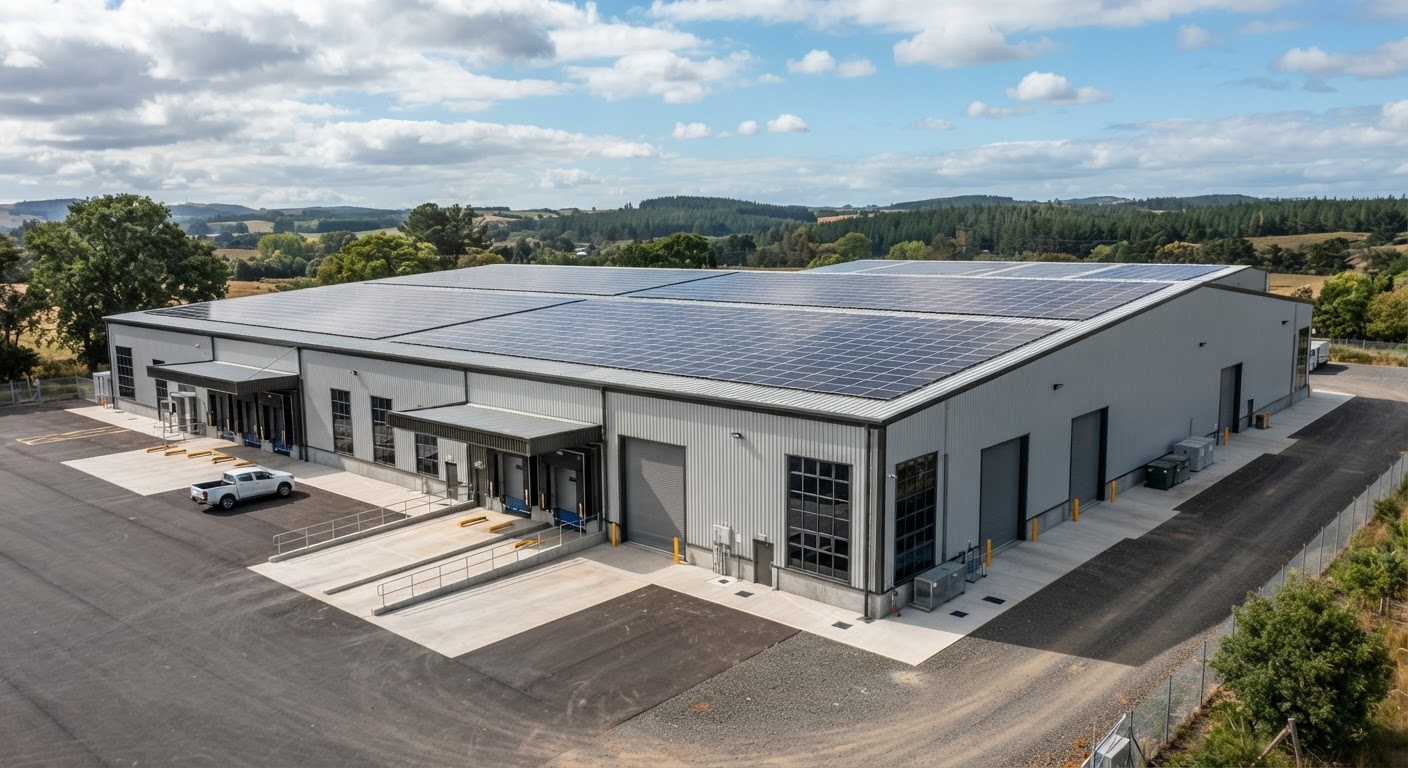 Instalação industrial de grande porte com painéis fotovoltaicos alinhados
