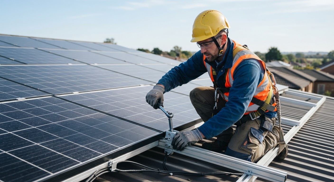 Profissional especializado realizando limpeza de painéis solares com equipamento correto
