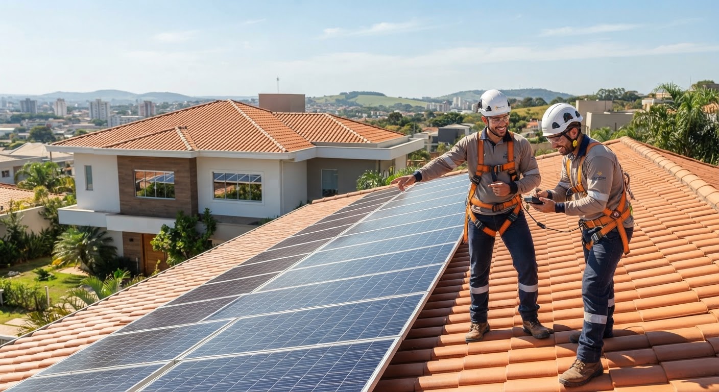 Painéis solares brilhando sob o sol no telhado de uma casa contemporânea