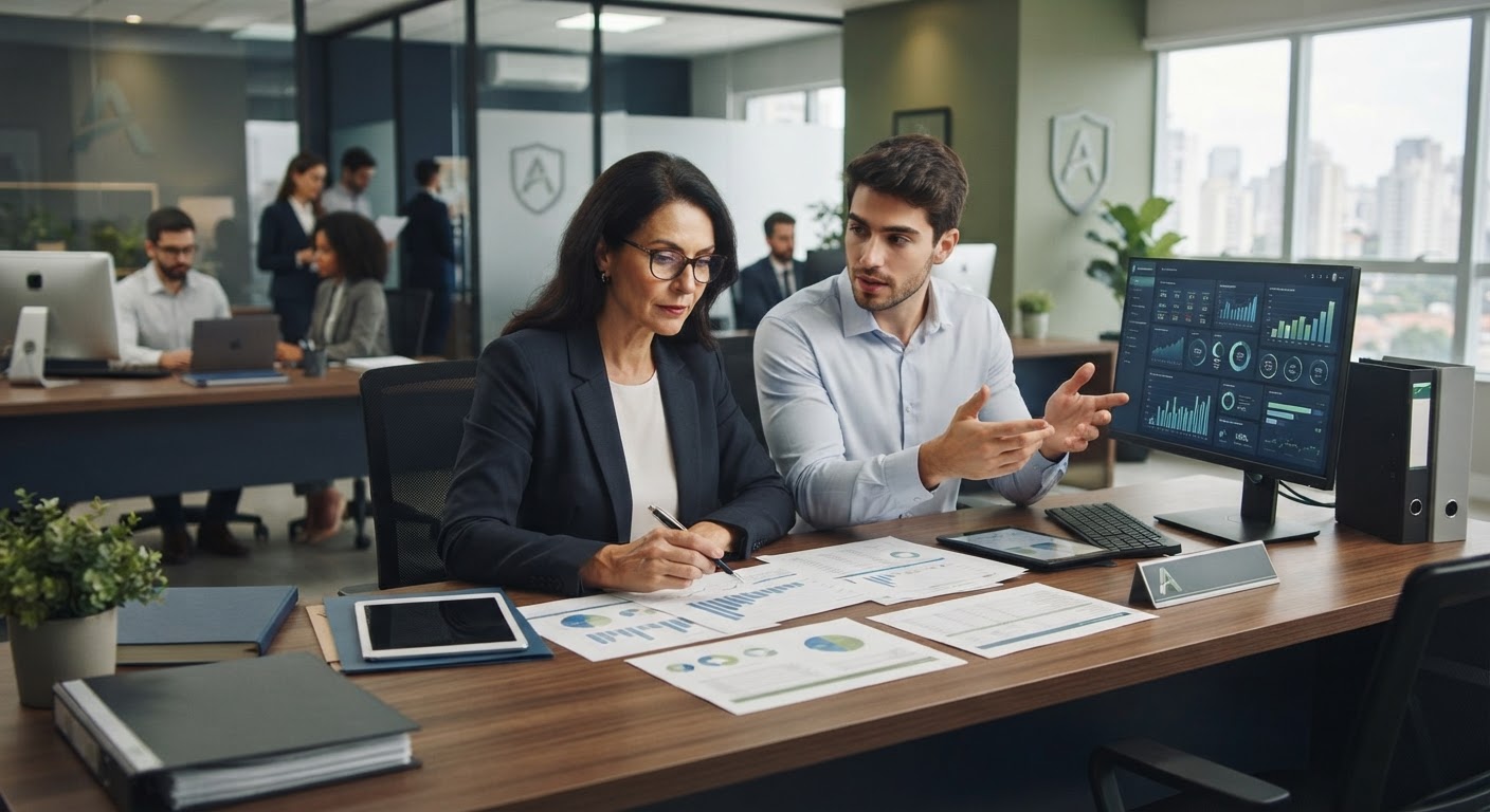 Profissional conferindo holerites e guias trabalhistas de colaboradores.
