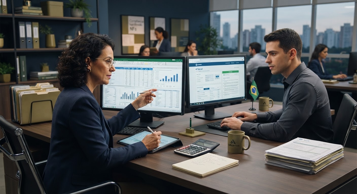 Mãos de gestor corporativo organizando documentos de contratos de trabalho físicos e relatórios financeiros na mesa.