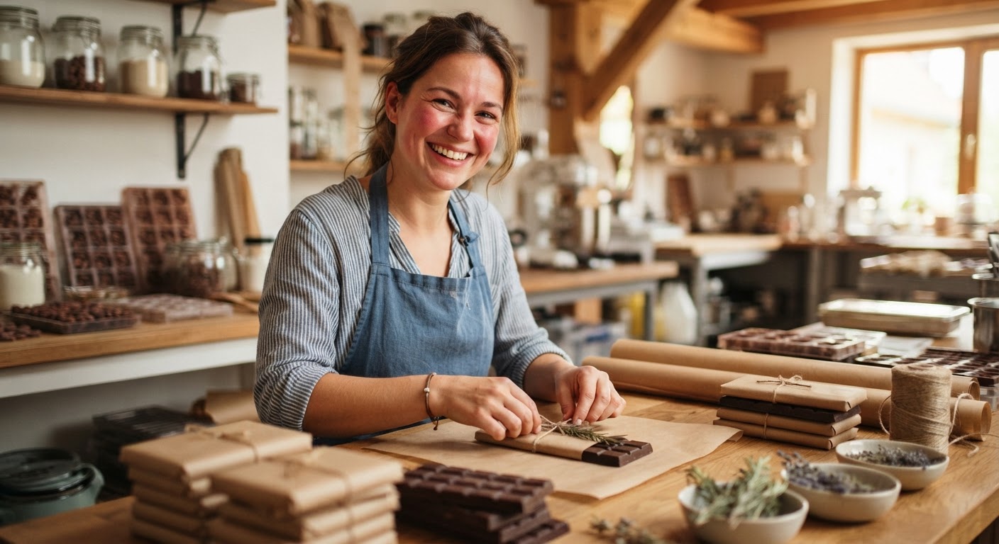 Barra de chocolate gourmet recheada partida ao meio revelando cremosidade