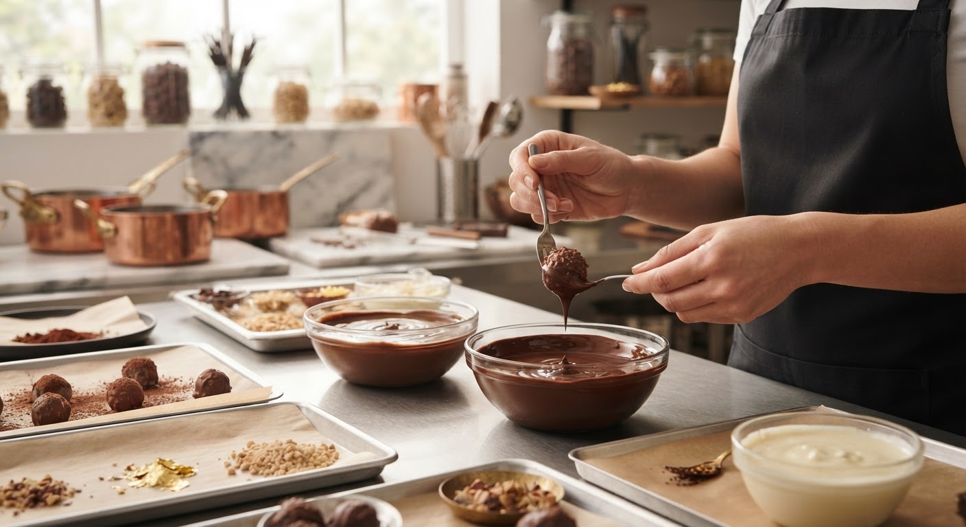 Ingredientes nobres de cacau e utensílios profissionais de confeitaria sobre mesa rústica