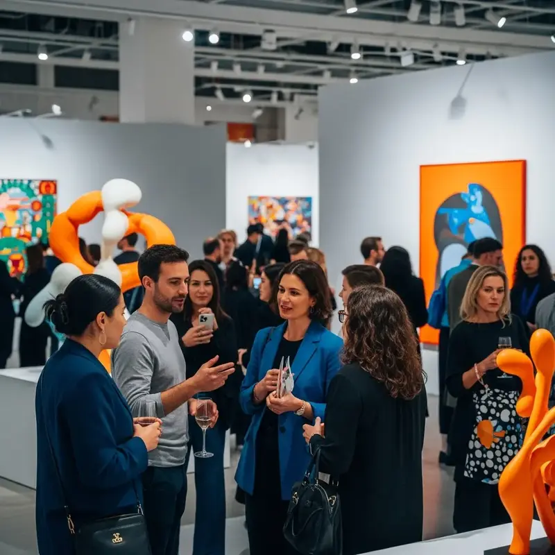 Pessoas interagindo com uma instalação de arte moderna, simbolizando inovação cultural.