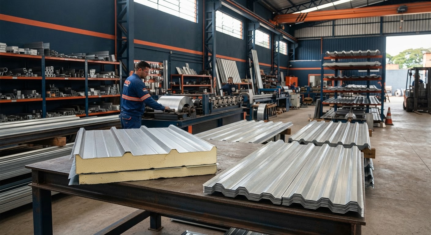 Detalhe lateral de telhas sanduíche com miolo isolante de alta densidade pronto para instalação