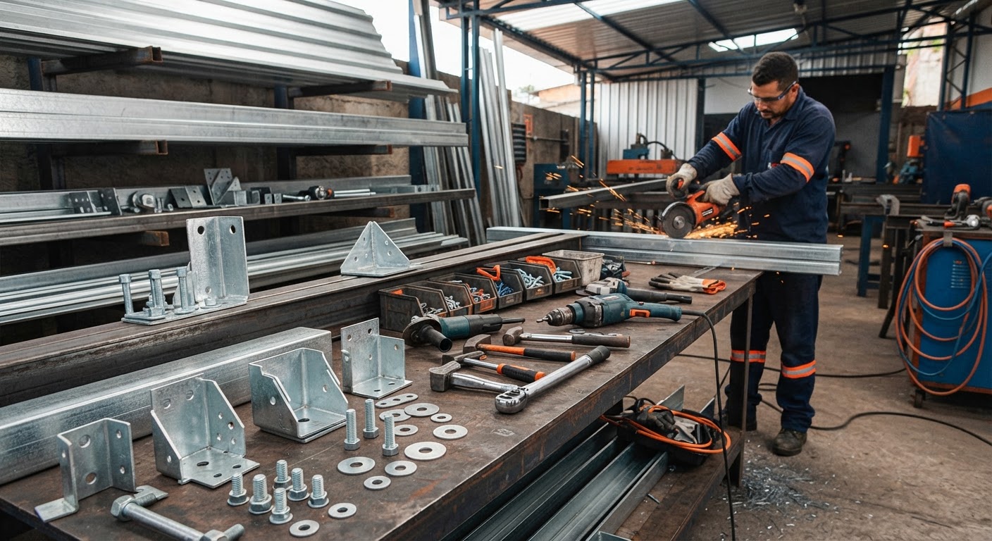 Serralheria industrial moderna com ferramentas e conexões metálicas organizadas