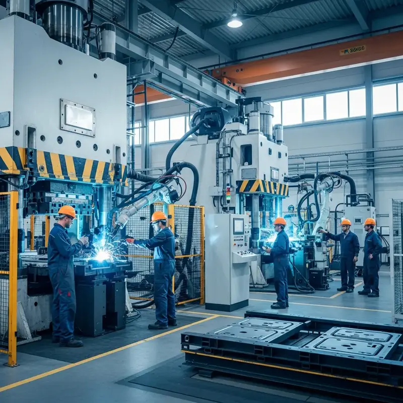 Operário trabalhando em máquina de solda, com faíscas, em ambiente de fábrica, simbolizando industrialização.
