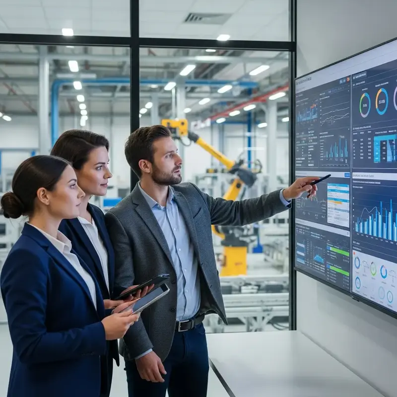 Engenheiro supervisionando painel de controle de maquinário industrial, simbolizando gerenciamento de processos.