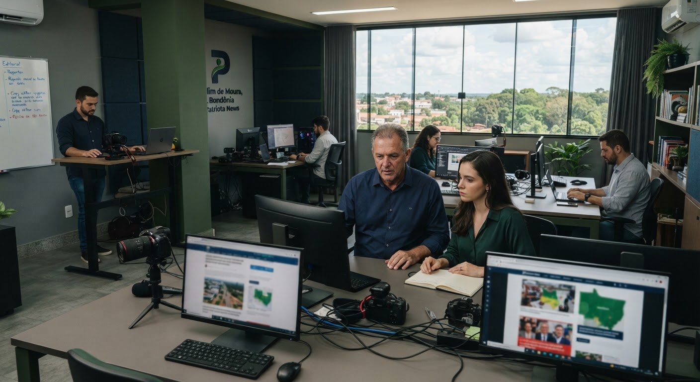 Cenário de plenário com poltronas e bandeiras institucionais de fundo