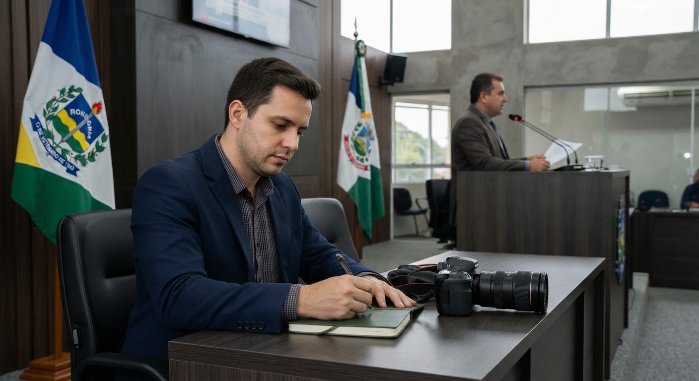 Fachada de prédio governamental institucional com bandeiras hasteadas na entrada em Rondônia.