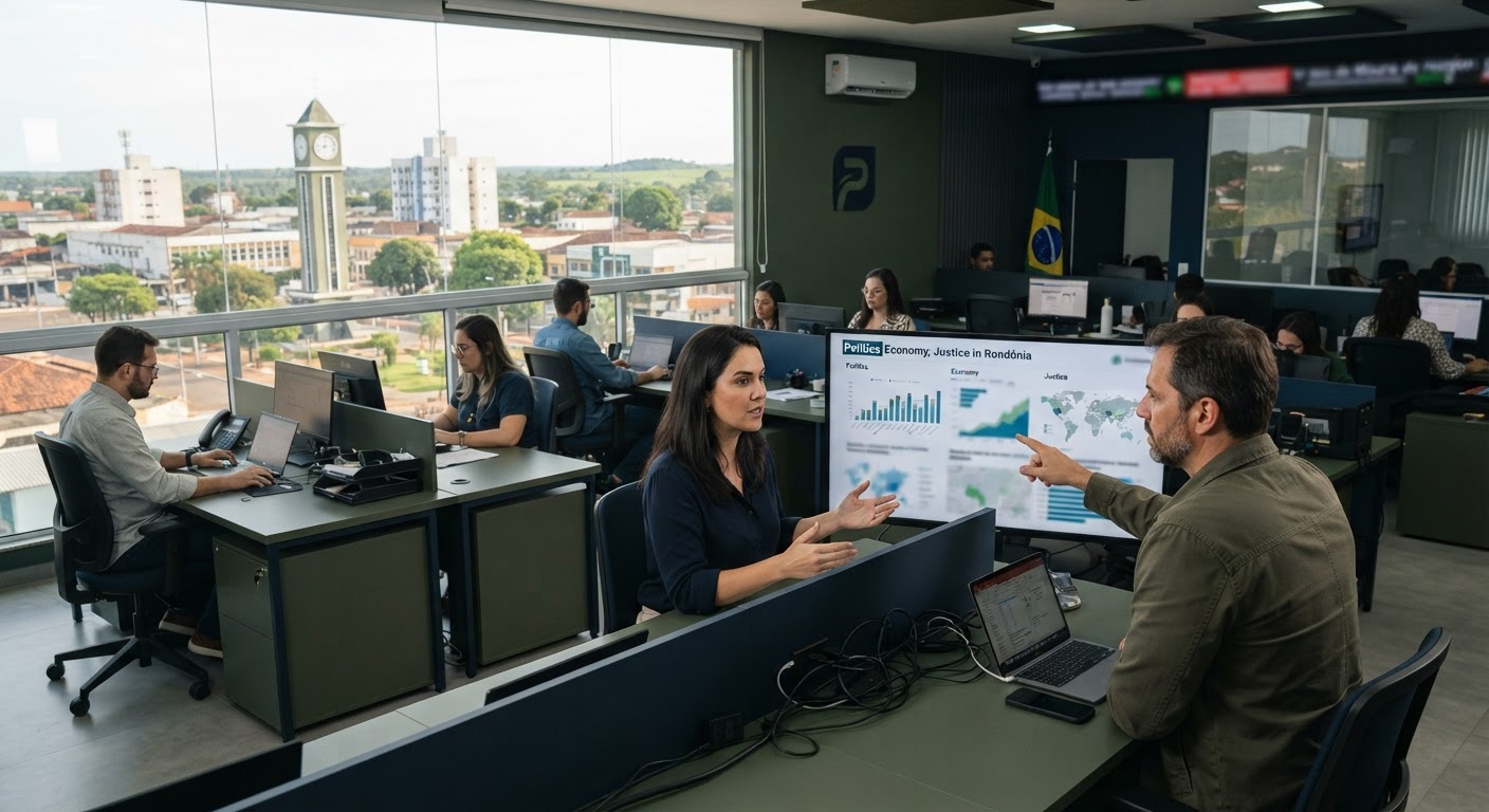 Balança metálica da justiça sobre mesa de madeira em escritório profissional
