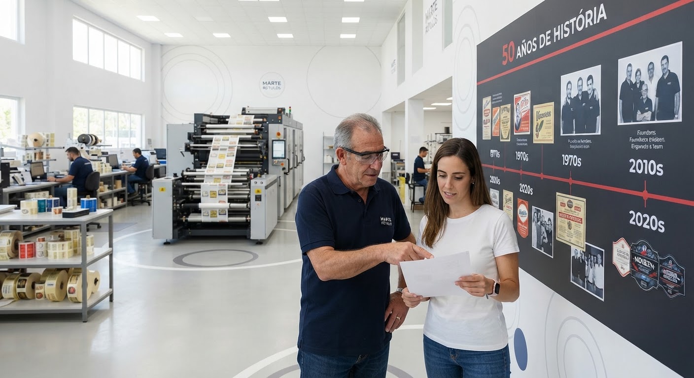 Detalhe de uma máquina de impressão de rótulos antiga, simbolizando a tradição e o legado.
