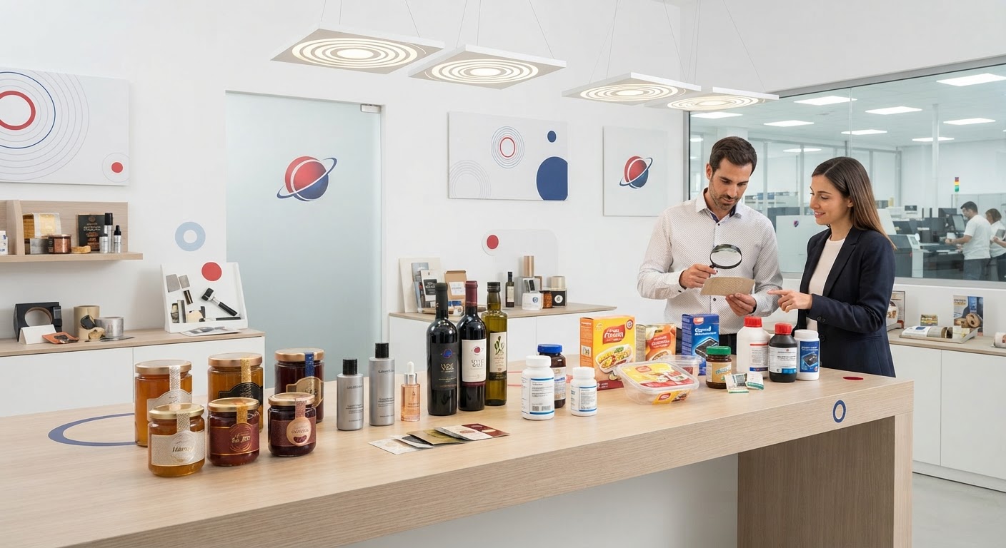 Etiquetas elegantes em frascos de cosméticos, destacando o design do produto.