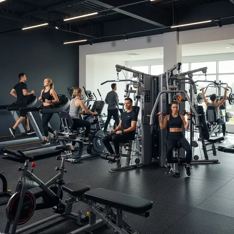 Visão geral de uma academia moderna com diversos equipamentos CWB FITNESS.