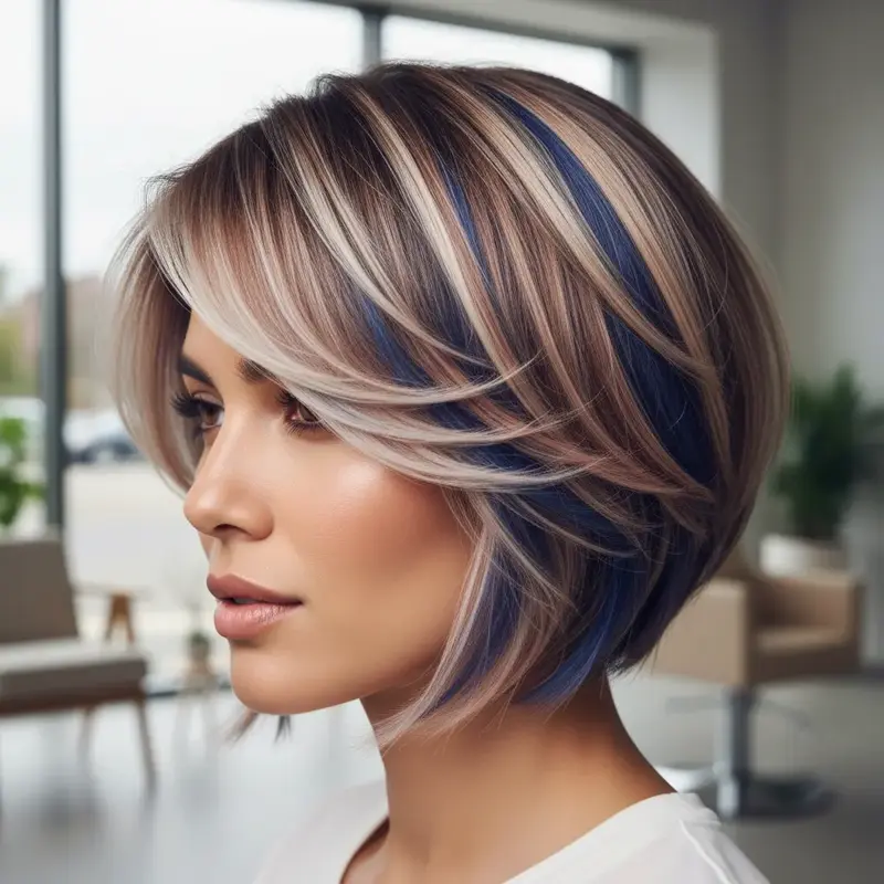 Mulher com cabelo recém-cortado e colorido, mostrando brilho e movimento.