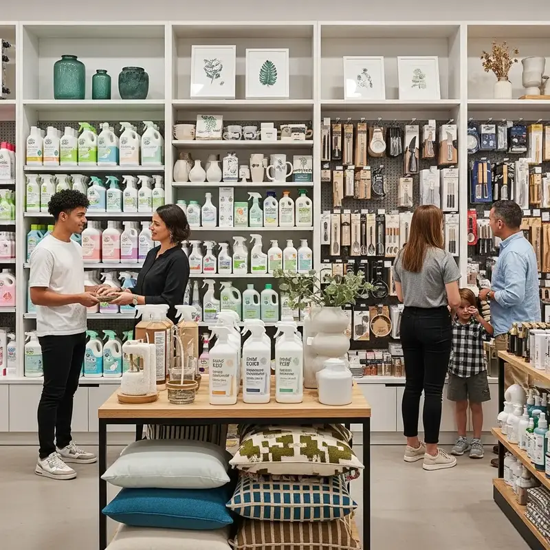 Produtos de limpeza ecológicos e modernos em uma bancada de cozinha limpa.