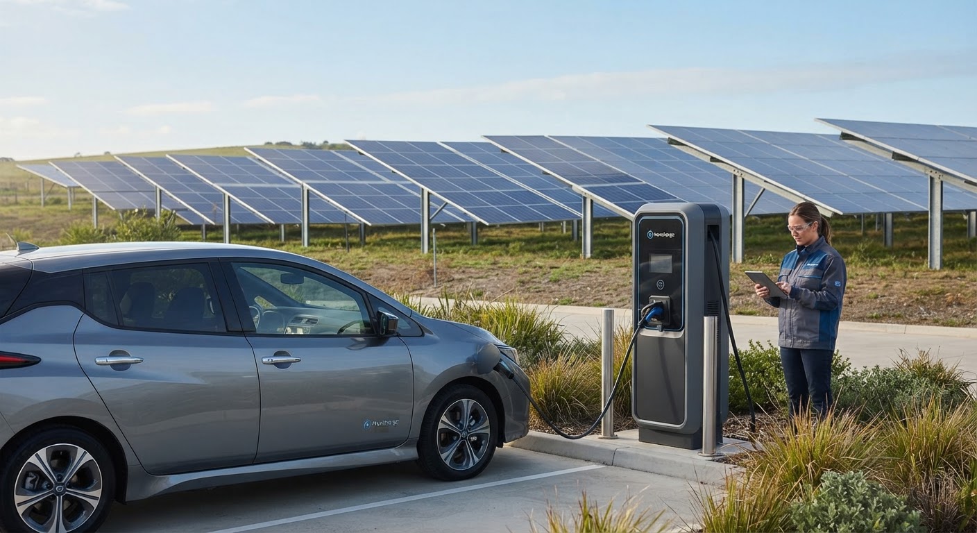 Grande usina de painéis fotovoltaicos capturando luz solar em campo aberto.