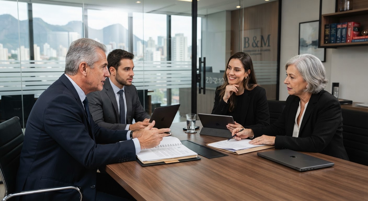 Retrato de um advogado confiante e profissional, transmitindo expertise e seriedade.