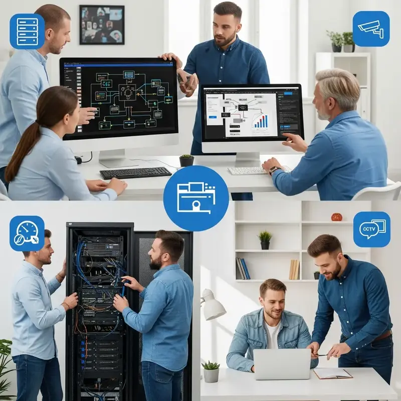 Mãos digitando em um teclado de notebook, com ícones de rede e segurança flutuando, simbolizando suporte a sistemas.