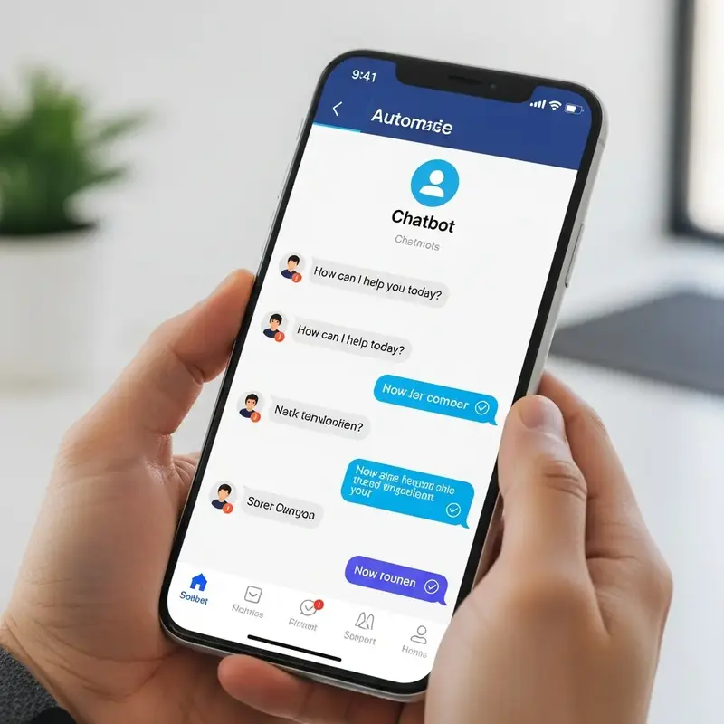 Interface de ChatBot em uma tela de tablet, com balões de conversa e ícones de inteligência artificial, representando automação.