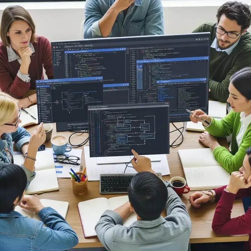 Código de programação e diagramas de fluxo de dados representando uma API.