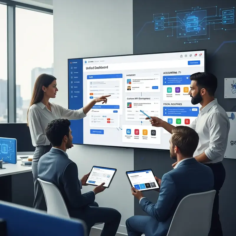 Interface de sistema ERP com gráficos de desempenho e módulos de gestão.