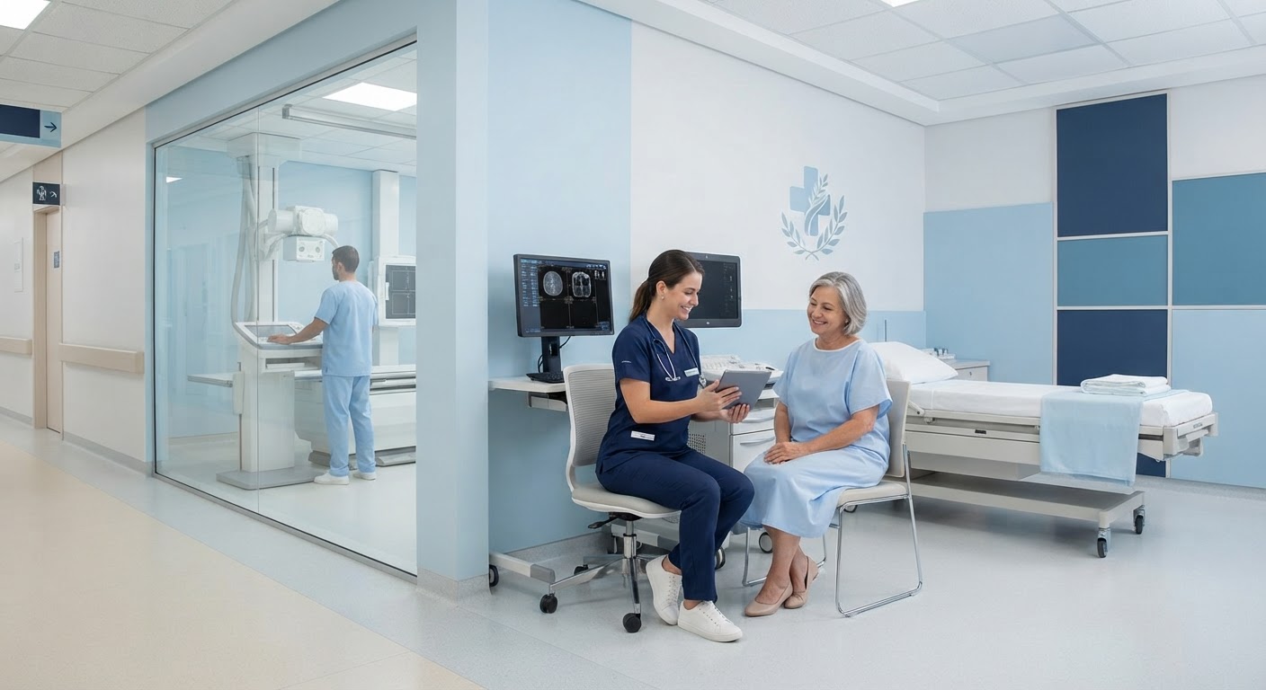 Consultório de atendimento médico particular equipado com mesa, cadeiras confortáveis e estetoscópio de exame.
