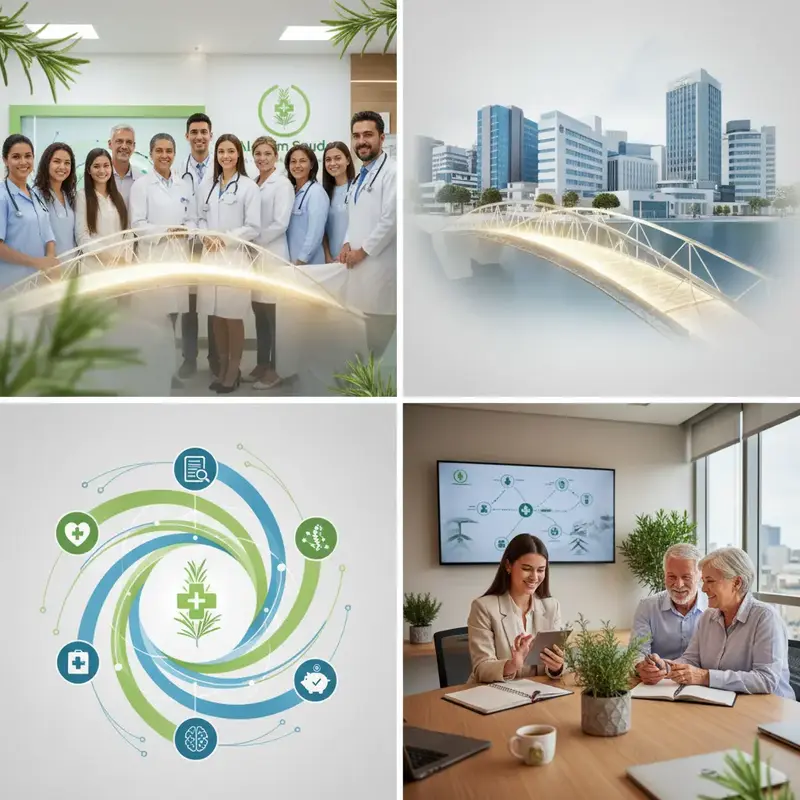 Mãos de profissionais de saúde segurando uma planta, simbolizando cuidado e crescimento.