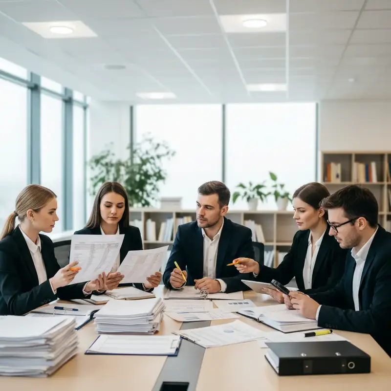 Mãos apontando para um relatório de auditoria em uma mesa