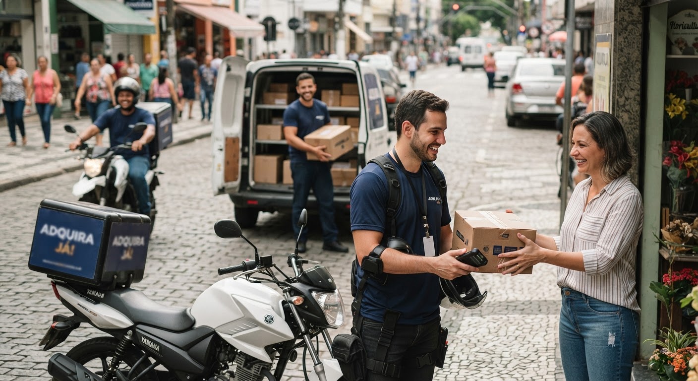 Motociclista profissional de entregas em ambiente urbano sorrindo após concluir serviço.
