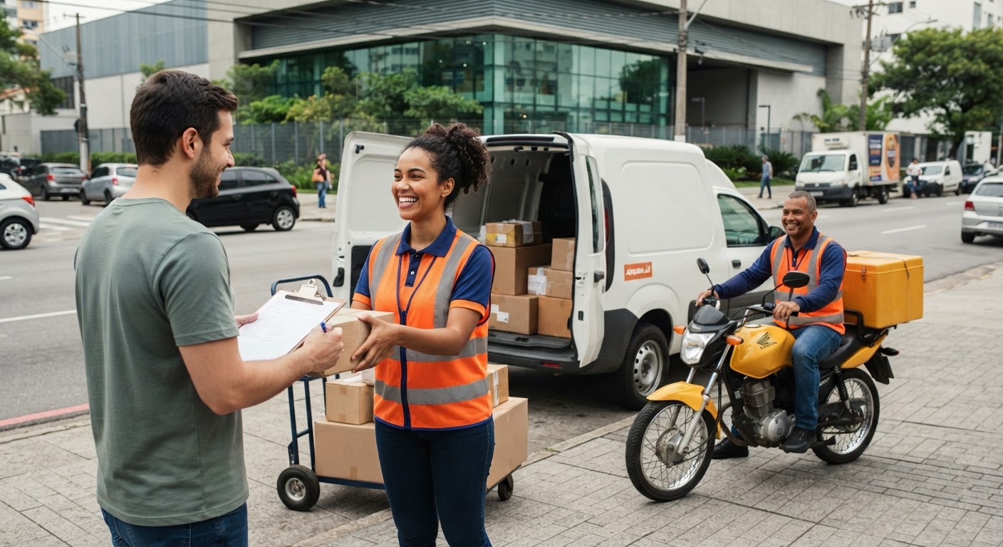 Van de entregas comerciais estacionada com equipe de logística descarregando mercadorias com segurança.