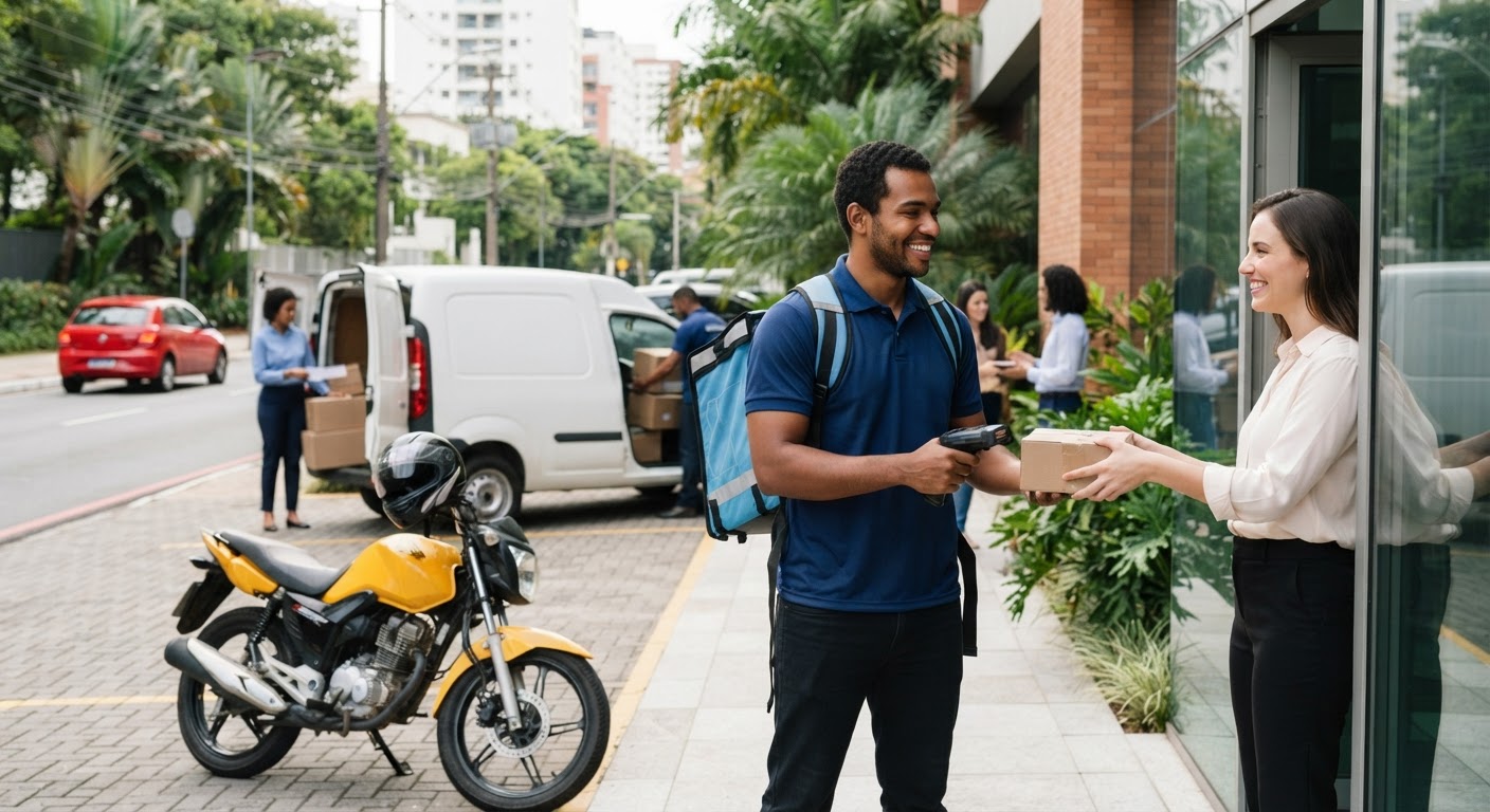 Motorista de entrega expressa abrindo o porta-malas de carro utilitário com pacotes organizados.