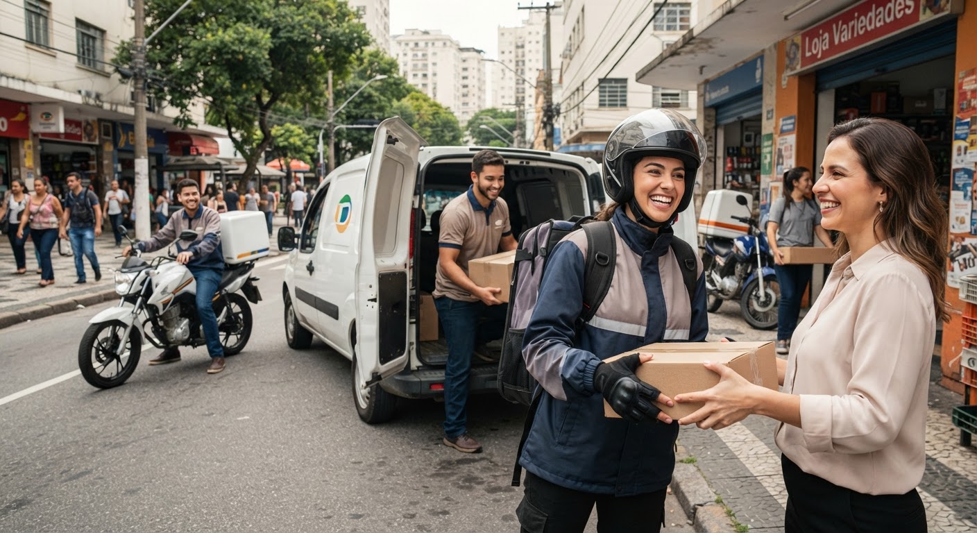 Linha de vans comerciais alinhadas e prontas para início da distribuição corporativa diária.