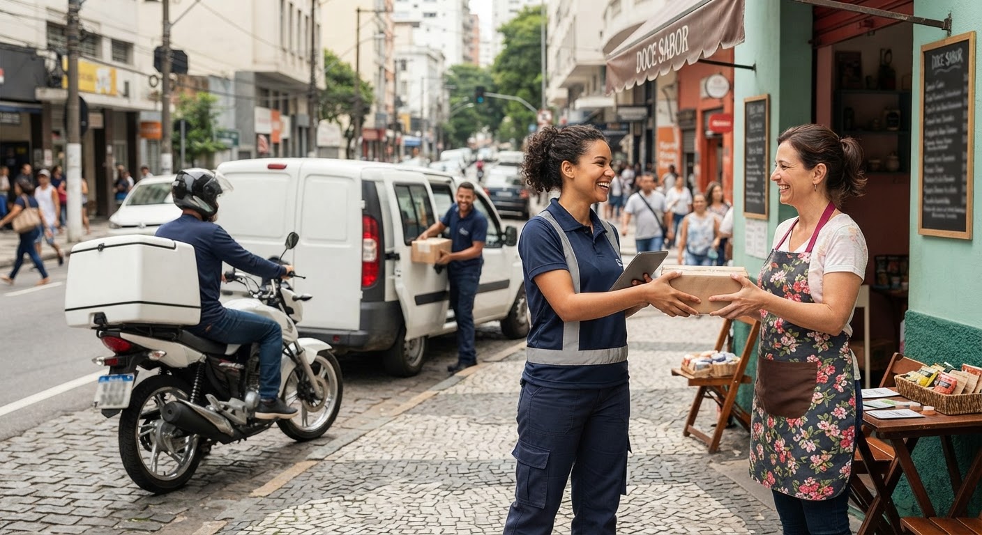Profissional de recepção de loja física sorrindo ao receber documento de entrega rápida.