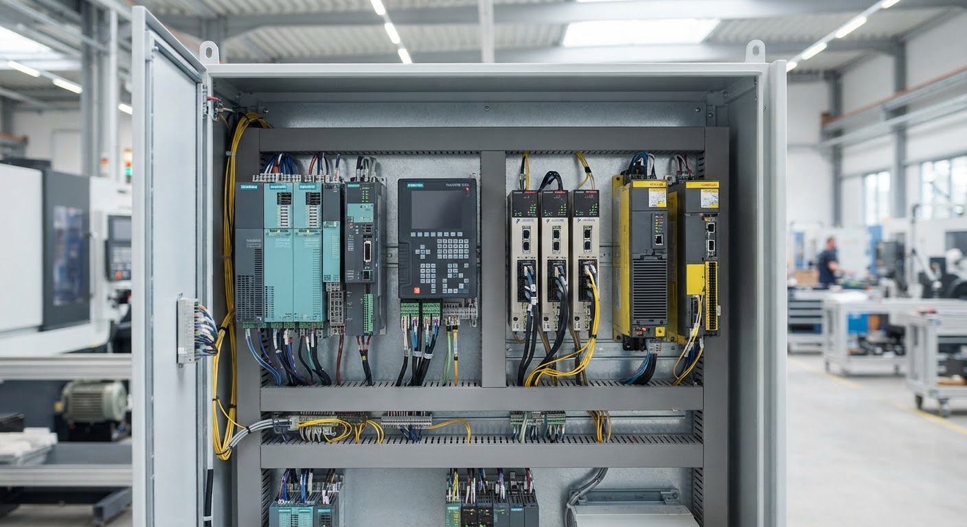 Técnico experiente inspecionando e configurando painel eletrônico de comando numérico computadorizado de torno industrial.
