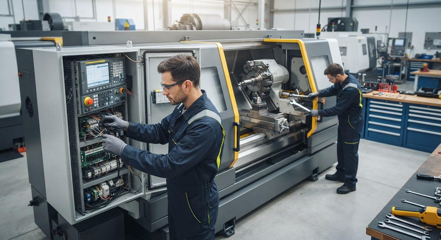 Técnico de manutenção inspecionando gabinete eletrônico industrial de máquina CNC