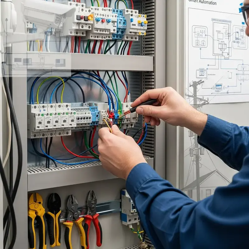 Eletricista sorrindo e apontando para um painel elétrico moderno, simbolizando qualidade e confiança