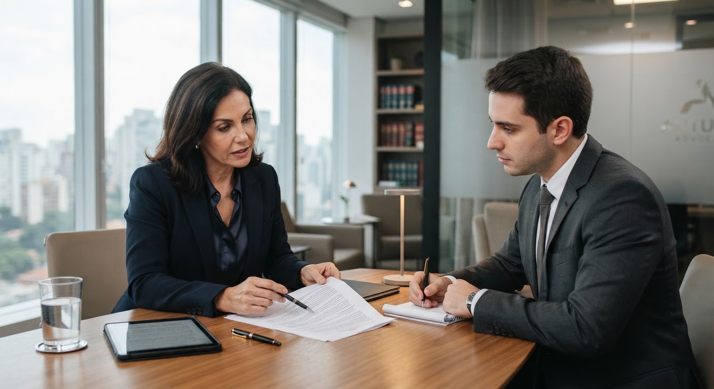 Profissionais de advocacia reunidos analisando contratos e processos judiciais com foco e seriedade.