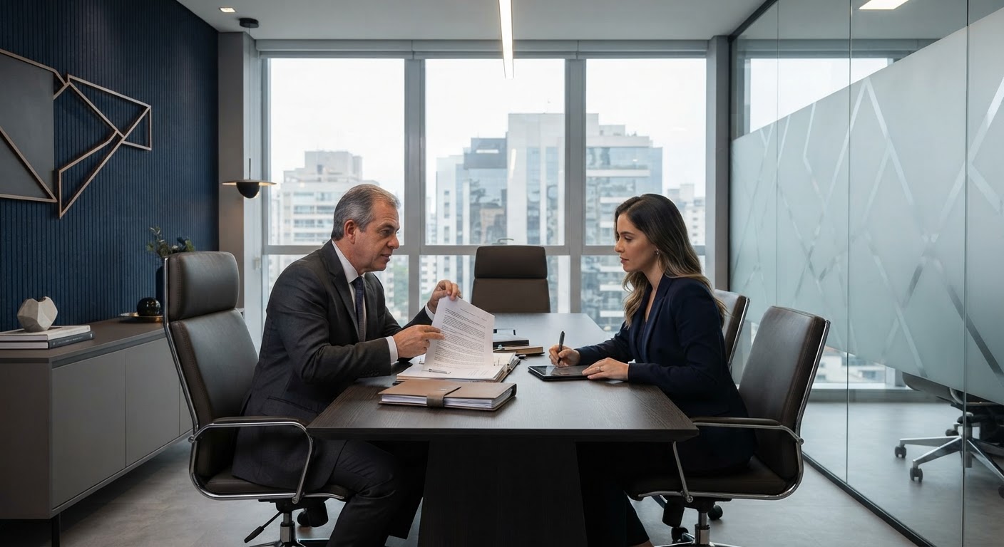 Balança da justiça clássica de bronze sobre mesa de madeira escura representativa de direito cível.