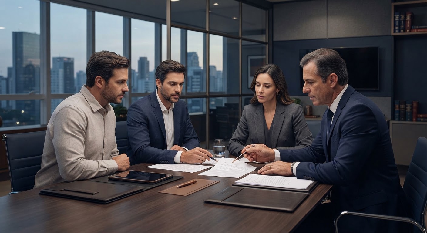 Profissional do direito assinando documento jurídico em escritório corporativo moderno.