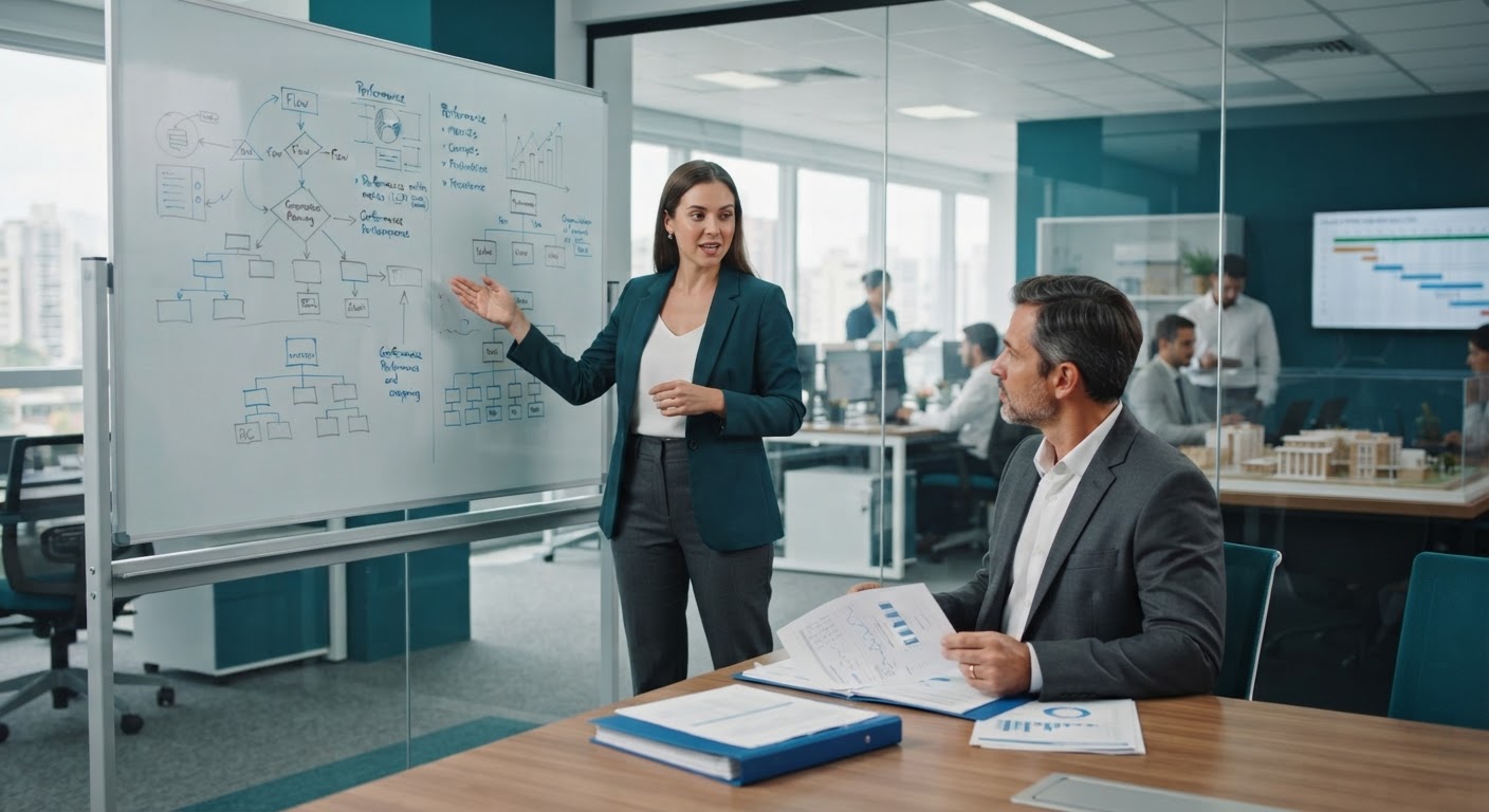 Profissionais seniores em ambiente de escritório corporativo moderno analisando relatórios de desempenho e planejando estratégias de mercado.