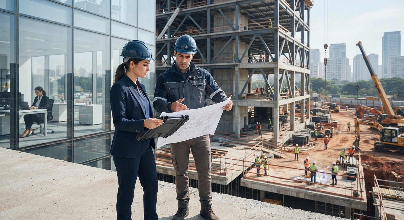Canteiro de obras comerciais com equipe especializada aplicando revestimentos e pinturas