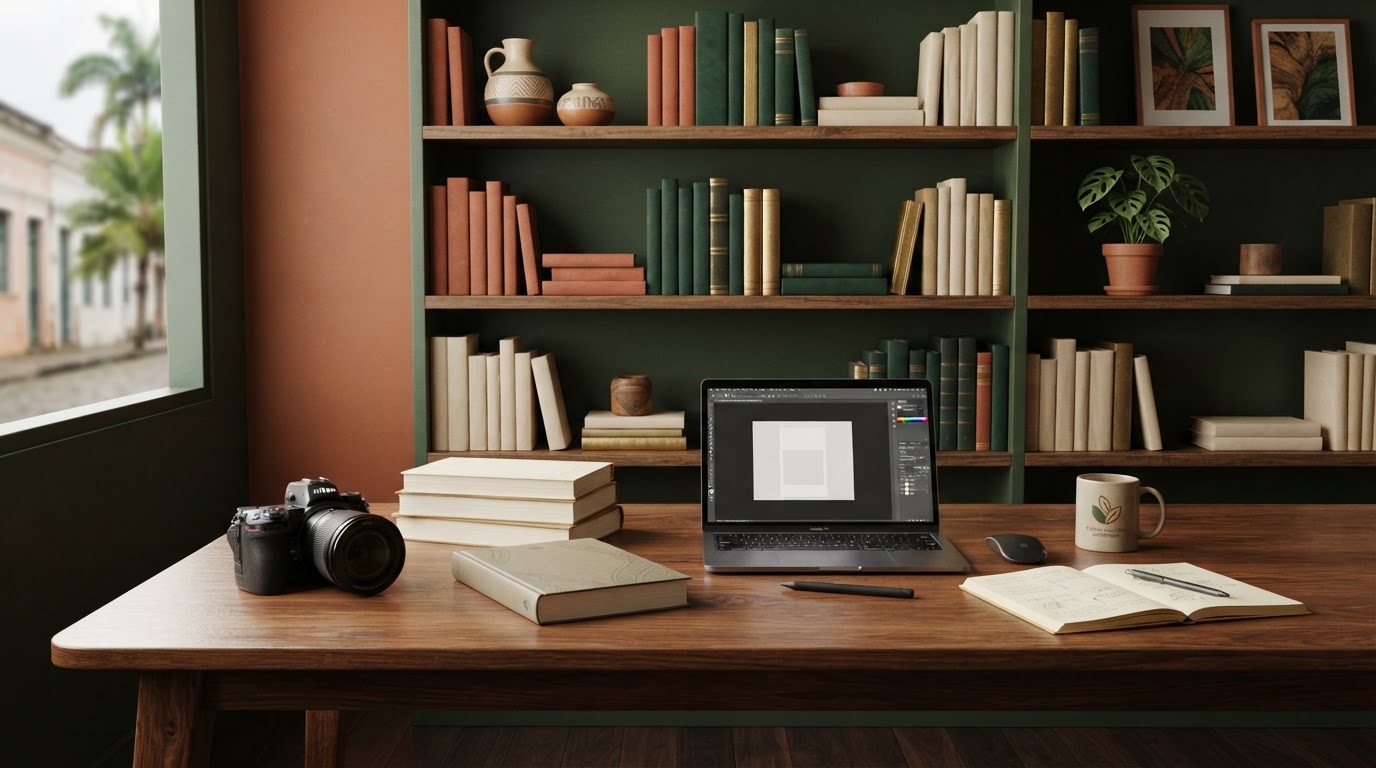 Ambiente de trabalho editorial limpo com livros, anotações e elementos que sugerem a produção acadêmica e literária.