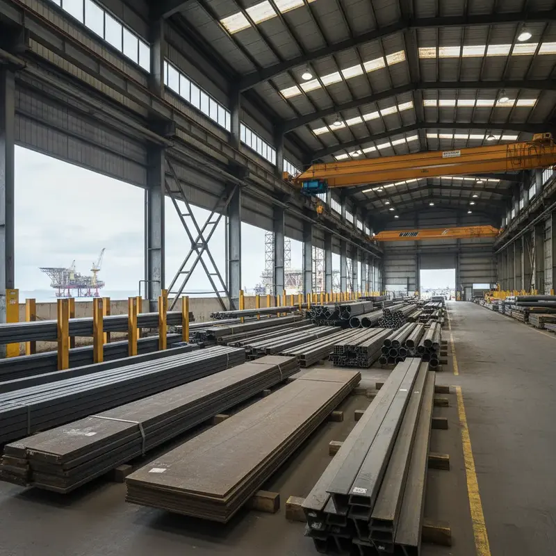 Estoque de tubos de aço de diferentes diâmetros em um armazém industrial.