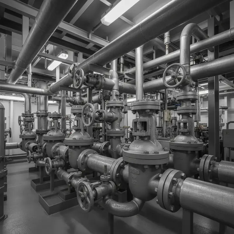 Variedade de válvulas industriais e conexões metálicas em uma prateleira.