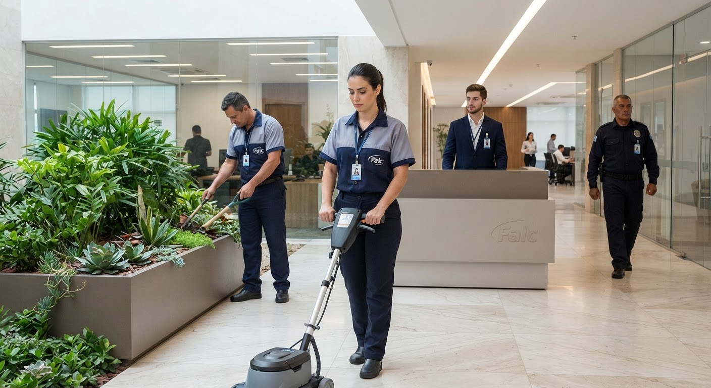 Portaria de edifício residencial sob controle de acesso rigoroso gerenciado pela equipe qualificada da Falc.