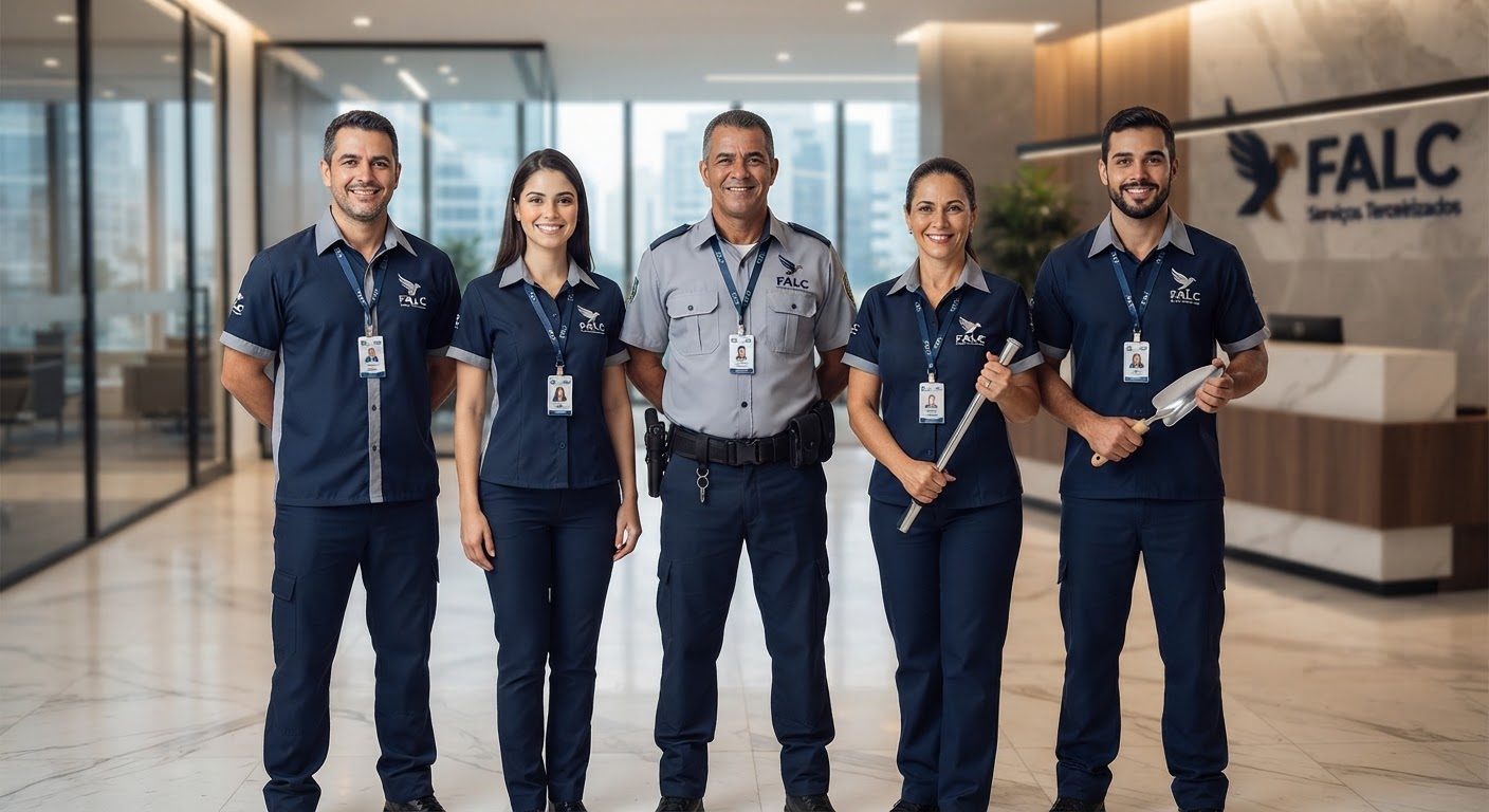 Profissional de limpeza com uniforme da Falc realizando higienização em escritório corporativo.
