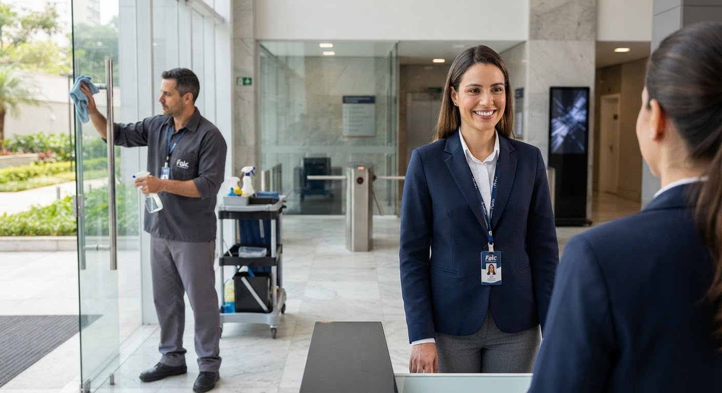 Equipe de limpeza pós-obra especializada da Falc utilizando produtos de higienização técnica pesada.