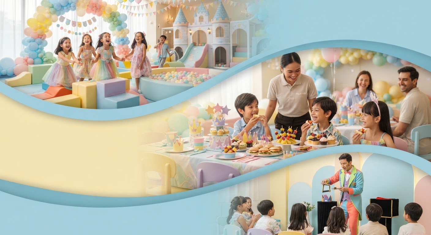Painel decorativo em arco com balões coloridos em tom pastel e elementos de conto de fadas